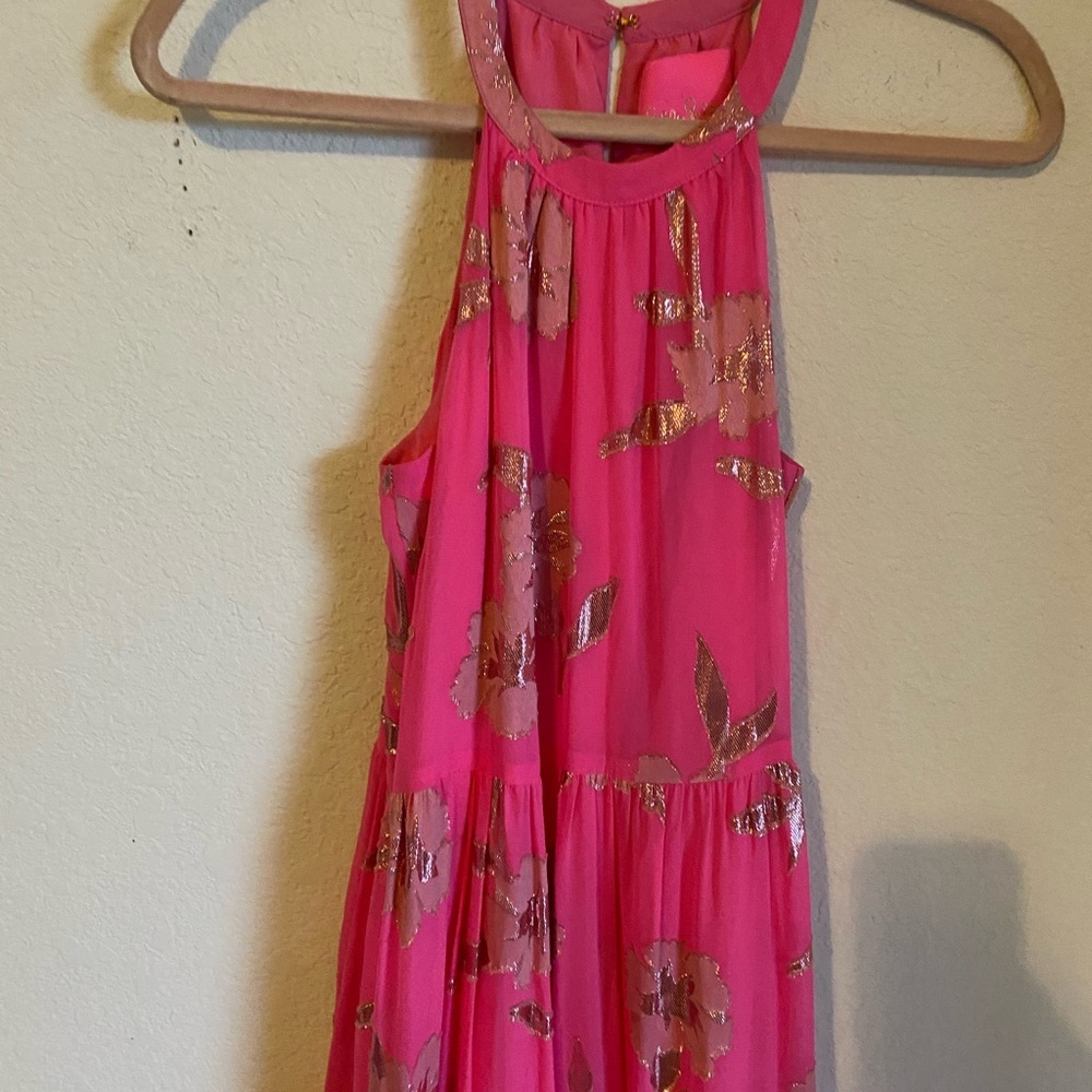 LILLY PULITZER Beccalyn Silk Blend Halter Tiered Metallic Pink Maxi Dress XXS - Picture 4 of 15